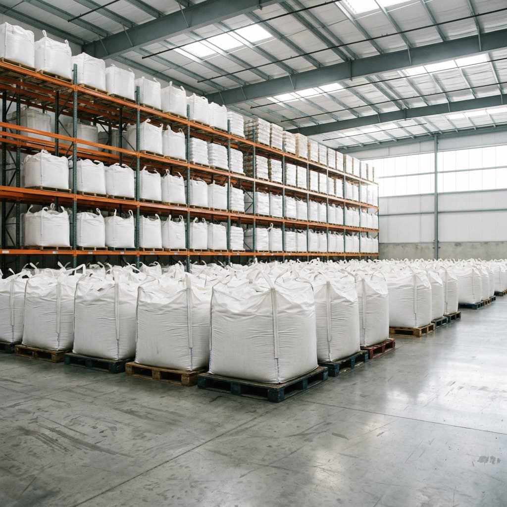 Rows of white resin super sacks on pallets in a bright warehouse